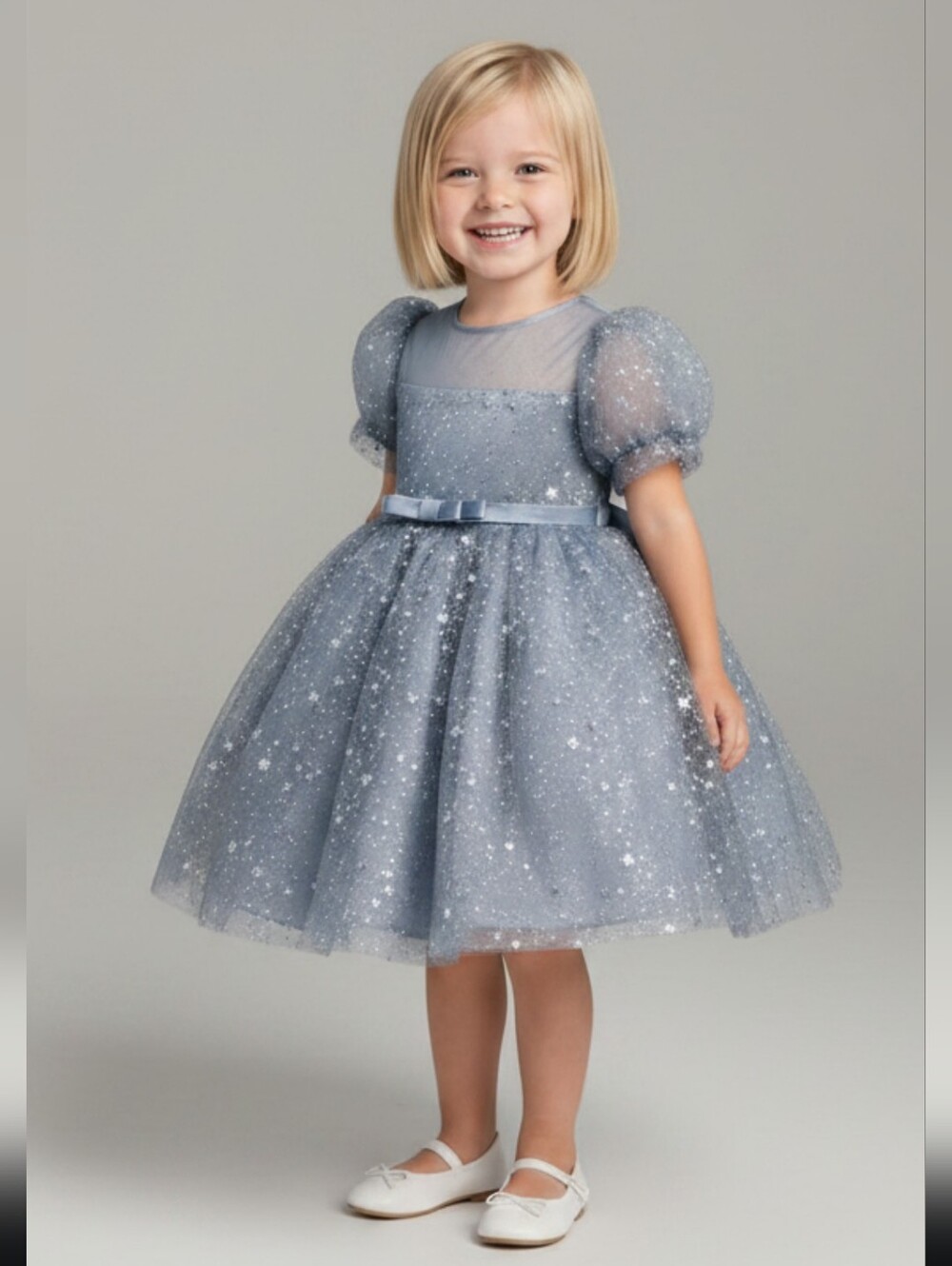 Blue Princess Flower Girl Dress with Sequins and Lantern Sleeves, Ages 3-4